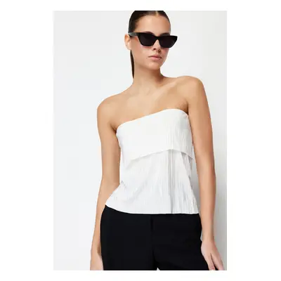 Trendyol White Pleated Strapless Regular Stretch Knitted Blouse