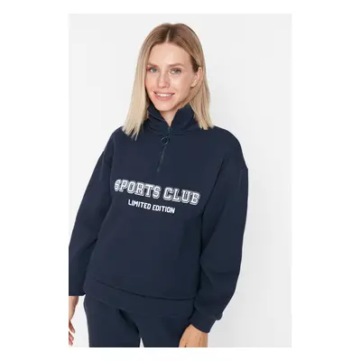 Trendyol Navy Blue Regular/Normal Cut Slogan Zippered Thick Fleece Sweatshirt