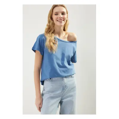 Trendyol Indigo 100% Cotton Boyfriend Boat Neck Knitted T-Shirt