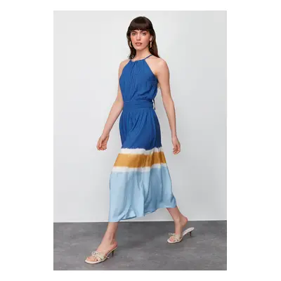 Trendyol Ecru-Blue A-Line Viscose Maxi Woven Dress with Gipe Detail at Waist