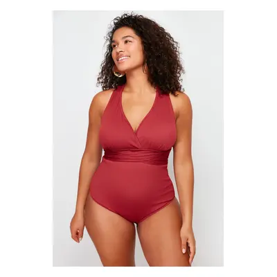 Trendyol Curve Burgundy V-Neck Textured Swimsuit