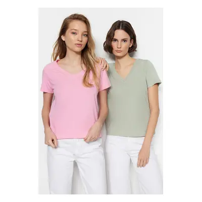 Trendyol Pink-Mint 100% Cotton 2-Pack Basic V-Neck Knitted T-Shirt