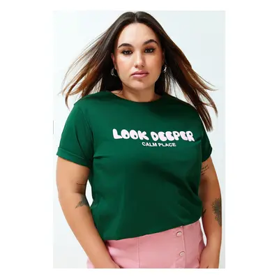 Trendyol Curve Dark Green Slogan Printed Boyfriend 100% Cotton Knitted T-shirt