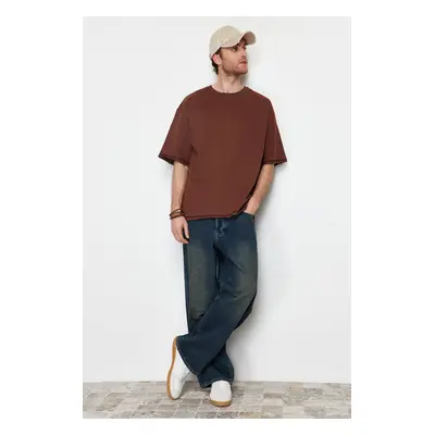 Trendyol Brown Oversize 100% Cotton T-Shirt with Stitching Detail