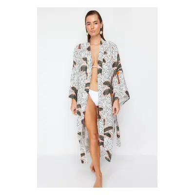 Trendyol Tropical Patterned Belted Maxi Woven 100% Cotton Kimono&Kaftan