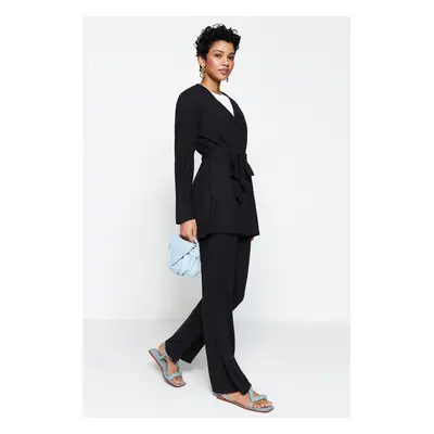 Trendyol Black Belted Oversize Ribbed Knit Tunic-Pants Set