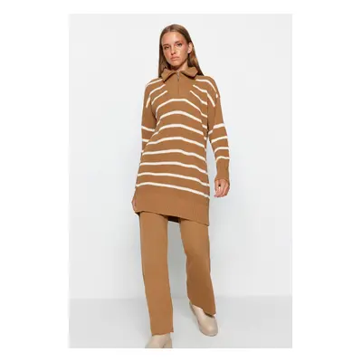 Trendyol Camel Zipper Detailed Thessaloniki Striped Knitwear Top-Top Set