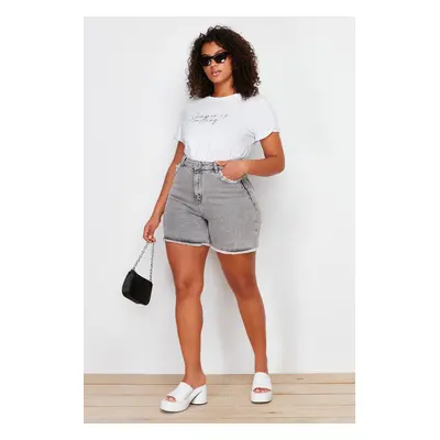 Trendyol Curve Gray Pocket and Leg Tassel Detail Mini Denim Shorts