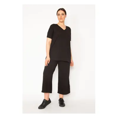 Şans Women's Black Camisole Knitted Elastic Waist Wide Leg Trousers V-Neck Blouse Suit