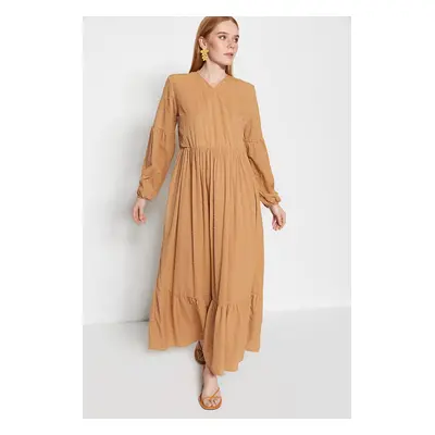 Trendyol Camel Textured Fabric Double Breasted Collar Woven Dress