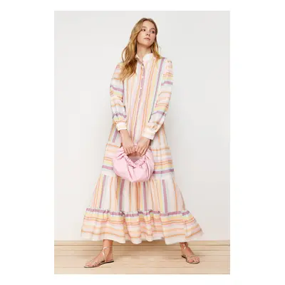 Trendyol Multi Color Striped Skirt Ruffled Linen Look Woven Dress