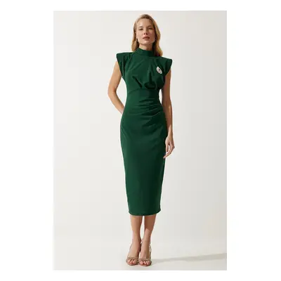 Happiness İstanbul Women's Emerald Green Stylish Brooch Gathered Wrap Knitted Dress