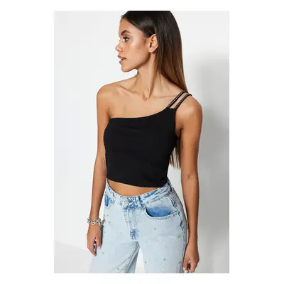 Trendyol Black Shiny Stone Detailed Knitted Blouse with One-Shoulder Strap, Fitted Crop