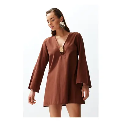 Trendyol Brown Mini Woven 100% Cotton Beach Dress with Premium Accessories