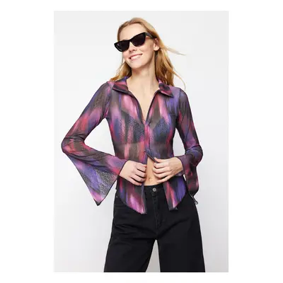 Trendyol Purple Special Textured Fitted/Closed Printed Shirt Collar Stretchy Knitted Blouse