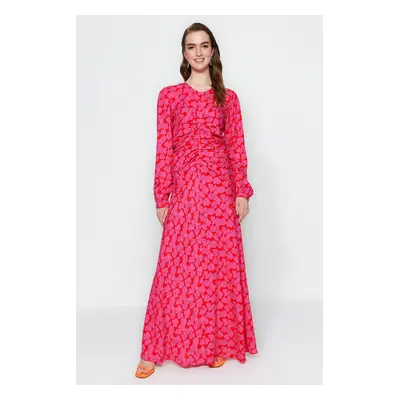 Trendyol Fuchsia Flower Patterned Woven Dress with Stitch Detail on the Waist