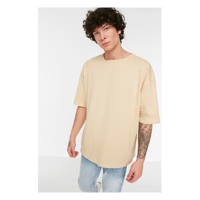 Trendyol Beige Basic 100% Cotton Crew Neck Oversize/Wide Cut Short Sleeve T-Shirt