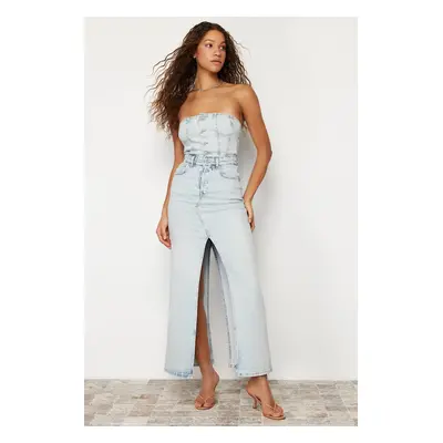 Trendyol Light Blue Slit Strapless Maxi Denim Dress