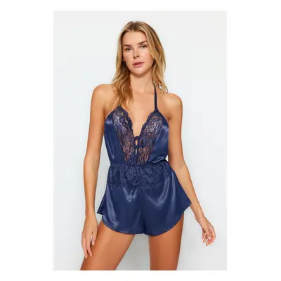 Trendyol Navy Blue Satin Lace Detailed Rope Strap Fancy Nightdress