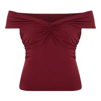 Trendyol Curve Claret Red Knitted Blouse with Knot Detail