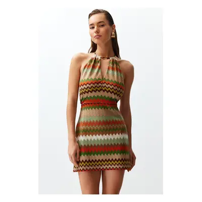 Trendyol Geometric Patterned Mini Knitted Cut Out/Window Beach Dress