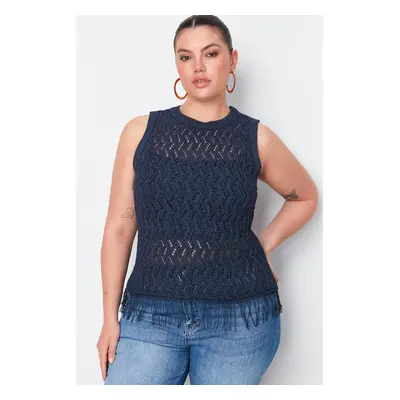 Trendyol Curve Navy Blue Openwork/Perforated Tasseled Knitwear Blouse