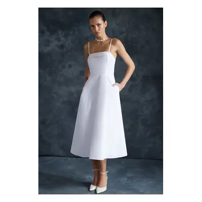 Trendyol 100% Cotton Poplin Midi Woven Dress with White Skirt Opening at the Waist