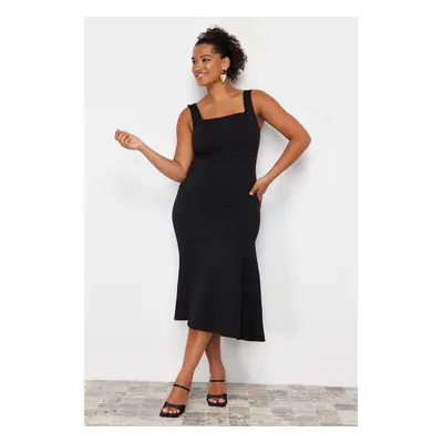 Trendyol Curve Black Flounce Detailed Midi 100% Cotton Knitted Dress