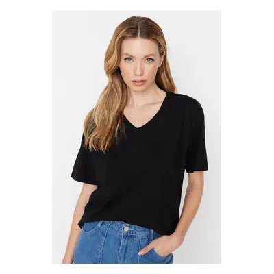 Trendyol Black 100% Cotton Boyfriend V-Neck Knitted T-Shirt