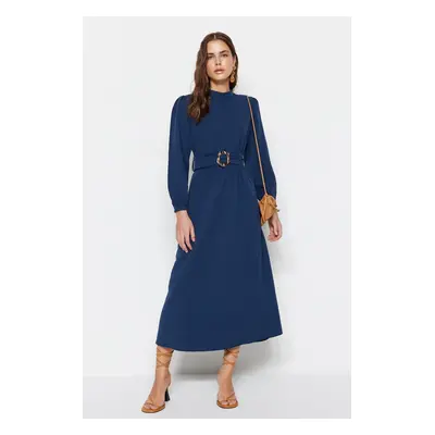 Trendyol Navy Blue Belted High Collar Linen Look Woven Dress