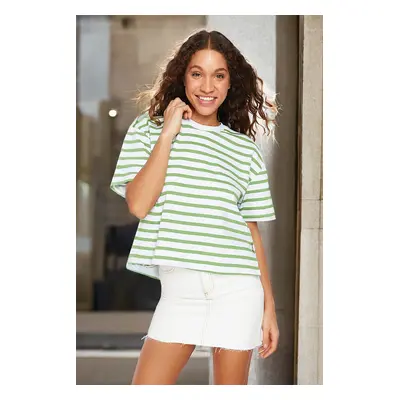 Trendyol Green Striped 100% Cotton Asymmetric Loose/Comfort Fit Knitted T-Shirt