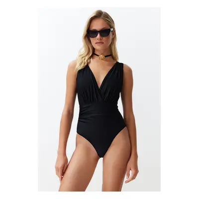 Trendyol Black Deep V Neck Draped Regular Swimsuit