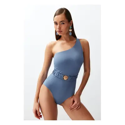 Trendyol Blue Belted One Shoulder Regular Swimsuit with Premium Accessories