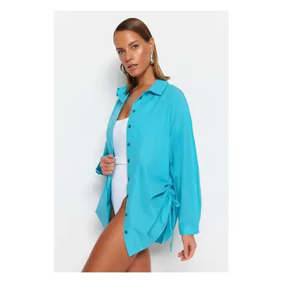 Trendyol Turquoise Pleated Woven Beach Shirt