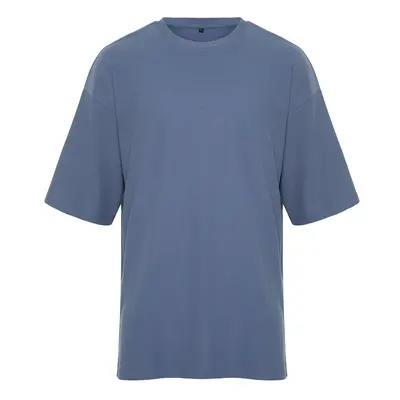 Trendyol Indigo Oversize Crew Neck Short Sleeve Textured Ottoman T-Shirt