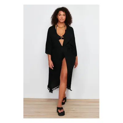 Trendyol Curve Black Tasseled Viscose Beach Wear Woven Kimono & Kaftan