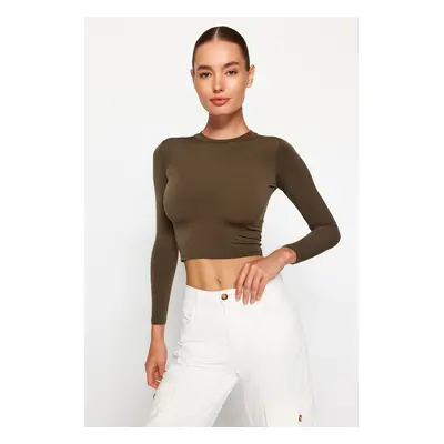 Trendyol Khaki High Collar Fitted Long Sleeve Gathered Stretchy Knitted Blouse