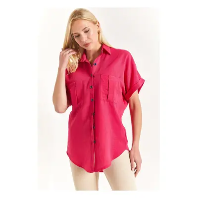 armonika Women's Fuchsia Linen Shirt with Double Pocket Detail and a yoke at the back