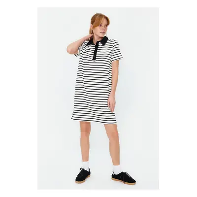 Trendyol Black and White Striped Polo Neck A-Line/A-Line Form Knitted Mini Dress