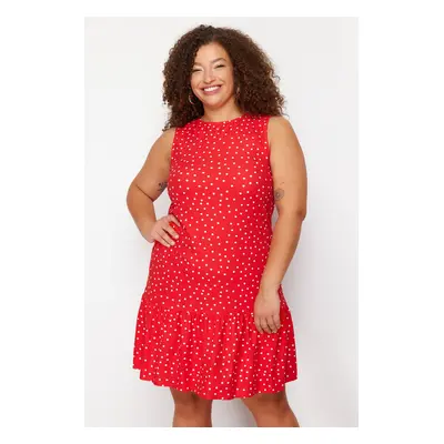 Trendyol Curve Red Polka Dot Printed Zero Sleeve Flounced Shift/Plain Mini Flexible Summer Knitt