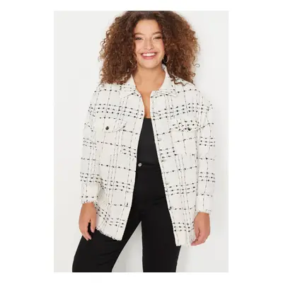 Trendyol Curve White Tweed Long Sleeve Winter Woven Plus Size Shirt/Jacket