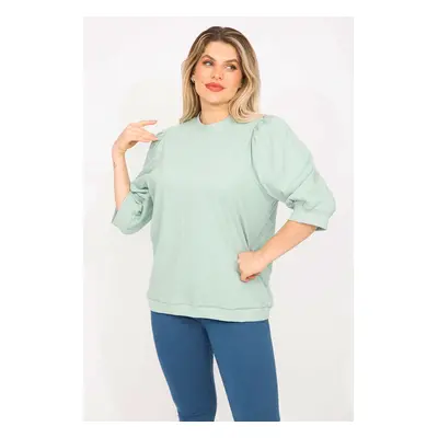 Şans Women's Large Size Green Scalloped Capri Sleeves Sweatshirt