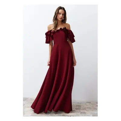 Trendyol Burgundy A-Cut Flounce Woven Long Evening Dress