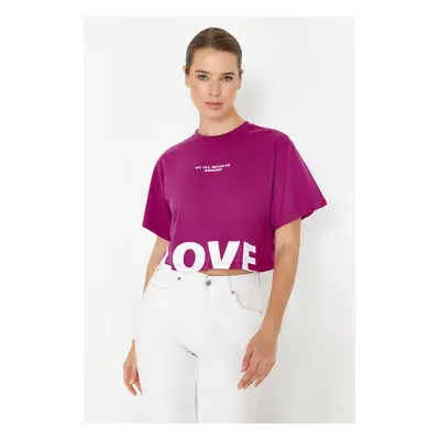 Trendyol Plum 100% Cotton Slogan Printed Relaxed Crop Knitted T-Shirt