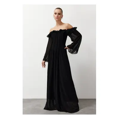 Trendyol Black A-Line Woven Chiffon Long Elegant Evening Dress