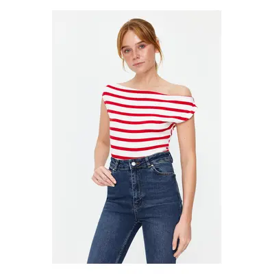 Trendyol Red Striped Boat Neck Fitted Viscose/Soft Fabric Flexible Knit Blouse