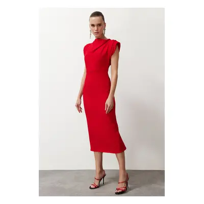 Trendyol Red Degaje Collar Body-Fitting Woven Stylish Evening Dress