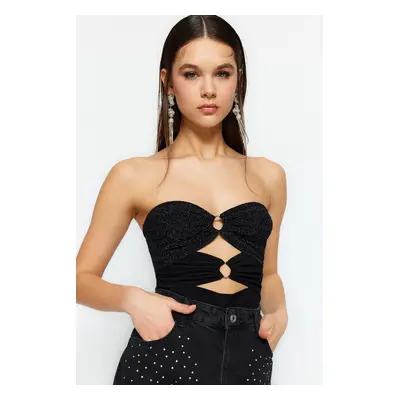 Trendyol Black Fitted Knitted Bodysuit with Shiny Accessories and Snap Fasteners