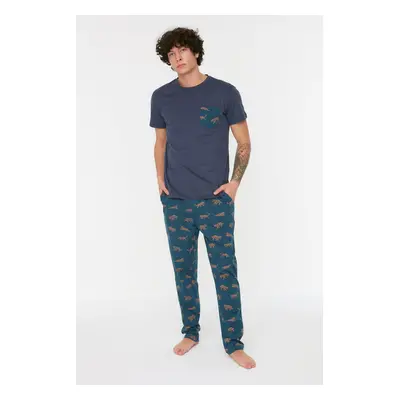 Trendyol Navy Blue Regular Fit Printed Knitted Pajama Set