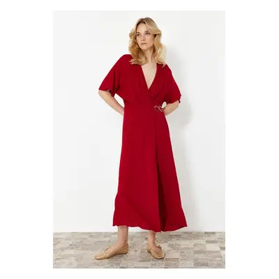 Trendyol Dark Cherry Double Breasted Accessory Tie Detail Midi Woven Dress